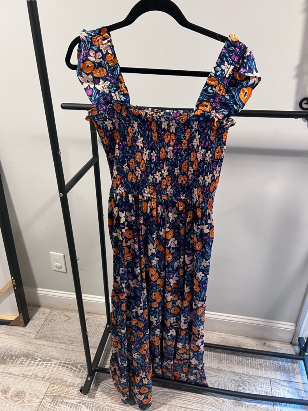 MELLODAY Navy Floral Smocked Dress with Orange & Pink Accents